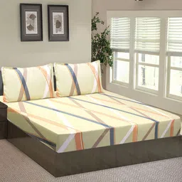 Good Homes by Home Candy Beige & Blue Geometric 144 TC Queen Bedsheet with 2 Pillow Covers-picture-46