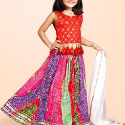 BAESD Girls Bandhani Printed Mirror Work Ready to Wear Lehenga & Blouse With Dupatta-9