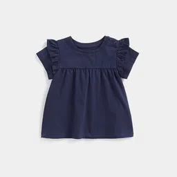 mothercare Girls Solid Pleated Ruffles Knitted Pure Cotton A-Line Top-image-2