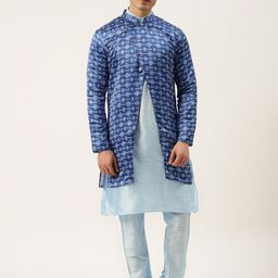 SOJANYA Men Blue Kurta with Churidar & Printed Jacket-53