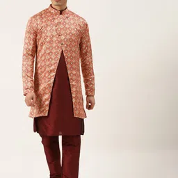 Sojanya Men Peach-Coloured & Maroon Solid Kurta Pyjama & Printed Sherwani Set-69