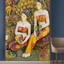999Store Yellow & Green Peacock & Sitting Two Lady Mural Self-Adhesive Wallpaper-picture-9
