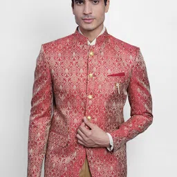 Wintage Men Red & Silver-Coloured Woven-Design Banarasi Bandhgala Party Blazer-image-74
