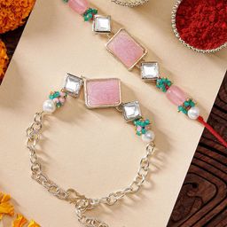 KARATCART Pink Carved Stone Green Crystal Kundan Bhaiya Bhabhi Rakhis with Roli & Chawal-image-67