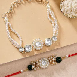 KARATCART Set Of 2 Gold-Toned & White Stone-Studded & Beaded Rakhi With Roli Chawal-image-1