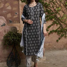 Sangria Black Ethnic Motifs Printed Mirror Work Pure Cotton Kurta with Trousers & Dupatta-18