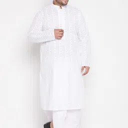 VASTRAMAY Plus Size Men White Ethnic Motifs Embroidered Cotton Kurta with Dhoti Pants-picture-16