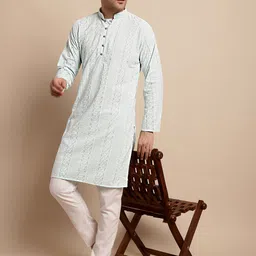 Anouk Men Ethnic Motifs Embroidered Chikankari Pure Cotton Kurta with Pyjamas-picture-52