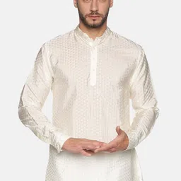 Sethukrishna Men Cream-Coloured Woven Design Mandarin Collar Art Silk Straight Kurta-picture-1
