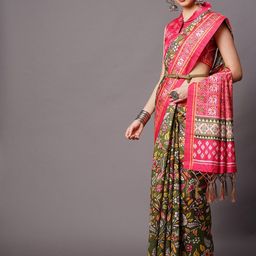 Mitera Olive Green & Pink Floral Printed Silk Blend Saree-image-51