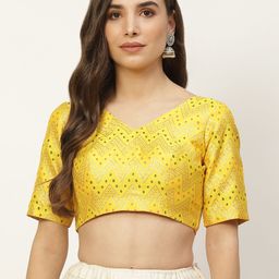 NDS Niharikaa Designer Studio Yellow Banarasi Silk Bandhani Print Padded Readymade Blouse-image-4