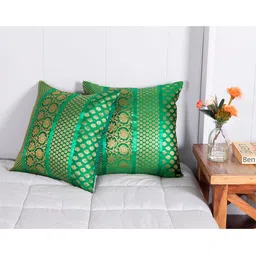 HANDICRAFT PALACE Green & Gold-Toned Pack of 2 Ethnic Motifs Square Cushion Covers-43