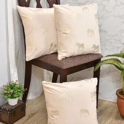 Clasiko Cream & Gold-Toned Set of 3 Quirky Velvet Square Cushion Covers-9