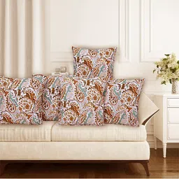 INDHOME LIFE Maroon & Cream-Coloured Set of 5 Floral Square Cushion Covers-8