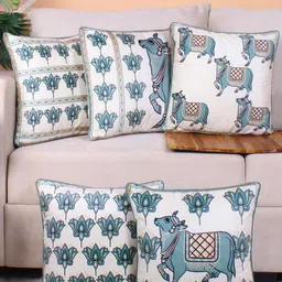 STITCHNEST Green & White 5 Pieces Ethnic Motifs Printed Velvet Square Cushion Covers-picture-33