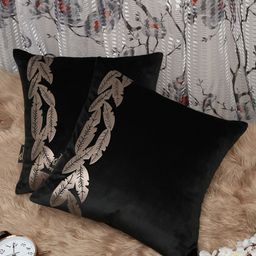 HOSTA HOMES Black & Gold Set of 2 Foil Printed Velvet Square Cushion Covers 16 X 16 INCH-14