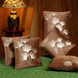HOSTA HOMES Brown & Gold Set of 5 Floral Velvet Square Cushion Covers-22