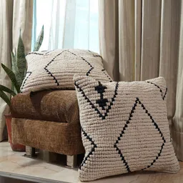 HOMEMONDE Set Of 2 Beige & Black Geometric Printed Square Cushion Covers-7