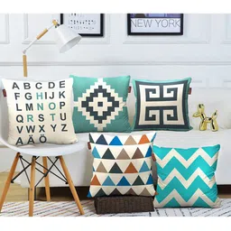 AEROHAVEN Cream-Coloured & Green Set of 5 Geometric Square Cushion Covers-36