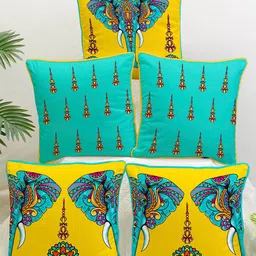 STITCHNEST Yellow & Blue Set of 5 Ethnic Motifs Velvet Square Cushion Covers-30