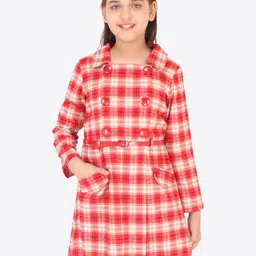 CUTECUMBER Girls Red & Cream-Coloured Checked Belted Cotton Shirt Dress-image-2