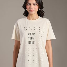 20Dresses Beige Typography Printed Round Neck Pure Cotton T-shirt-image-46