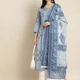 Rain & Rainbow Women Blue Printed Sequinned Pure Cotton Kurta with Trousers & With Dupatta-image-41