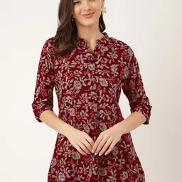 Divena Floral Printed Mandarin Collar Roll-Up Sleeves Shirt Style Top-36