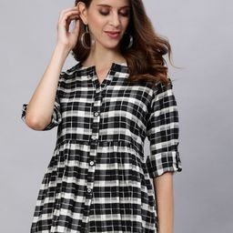 Jaipur Kurti Women Black & White Checked Roll-Up Sleeves Cotton Shirt Style Top-picture-49