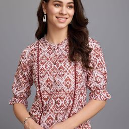 MOJILAA Ethnic Motifs Printed Mandarin Collar Puff Sleeves Schiffli Shirt Style Top-image-3