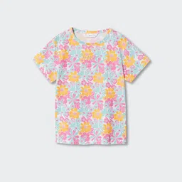 Mango Kids Girls White & Yellow Pure Cotton Floral Printed Sustainable T-shirt-picture-8