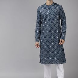 See Designs Men Blue Printed Pure Cotton Indigo Kurta with Trousers-picture-50
