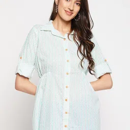 WEAVLLITE Striped Shirt Collar Cotton Tunic-picture-51