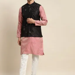 SOJANYA Men Pink Ethnic Motifs Mirror Work Kurta with Churidar & Nehru Jacket-27