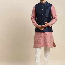 SOJANYA Men Pink Ethnic Motifs Woven Design Kurta & Churidar Comes With a Nehru Jacket-picture-12