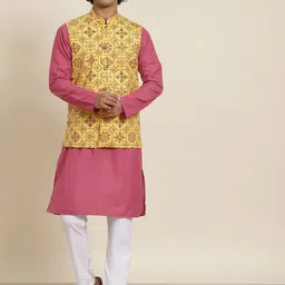 SOJANYA Men Mauve Pure Cotton Kurta with Pyjamas & Nehru Jacket-0