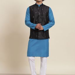SOJANYA Men Blue Pure Cotton Kurta with Pyjamas & Nehru Jacket-image-92