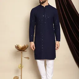 Anouk Navy Blue Embroidered Sequinned Pure Cotton Kurta with Churidar-image-55
