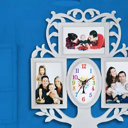 Attractionz White Oval Shaped Textured Tree Photo Frame Contemporary Wall Clock-image-95