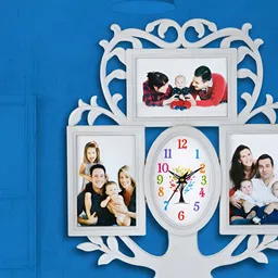 Attractionz White Oval Shaped Textured Tree Photo Frame Contemporary Wall Clock-image-92