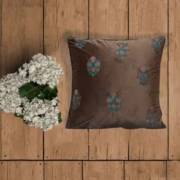 ZEBA Brown & Blue Embroidered Velvet Square Cushion Cover-36