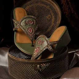 W Women Olive Green Embellished PU Ethnic Wedge Heel-7