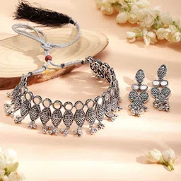 Rubans Rhodium Plated Stones Studded & Beaded Oxidized Jewellery Set-13