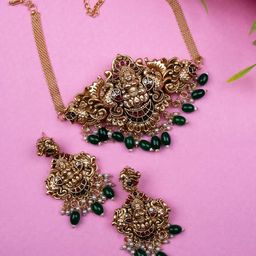 StileAdda Gold-Plated Stone-Studded Goddess Laxmi Temple Jewellery Set-9