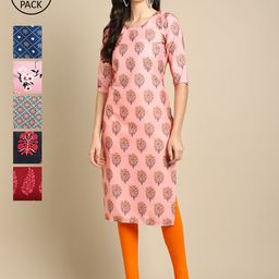 7Threads Women Pack Of 6 Printed Crepe Straight Kurta-picture-3