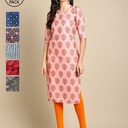 7Threads Women Pink & Blue Pack of 6 Floral Printed Crepe Kurtas-picture-2