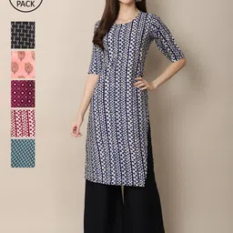 7Threads Women Navy Blue & Pink Pack of 6 Geometric Printed Crepe Kurtas-image-61