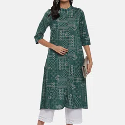 RANGMANCH BY PANTALOONS Women Teal Ethnic Motifs Checked Keyhole Neck Flared Sleeves Kurta-image-75