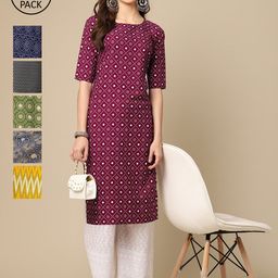 7Threads Women Pack of 6 Maroon Ethnic Motifs Printed Summer Sheers Crepe Kurta-image-4