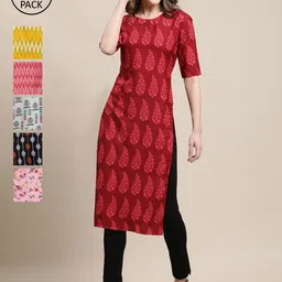 7Threads Pack Of 6 Women Printed Crepe Kurta-image-0